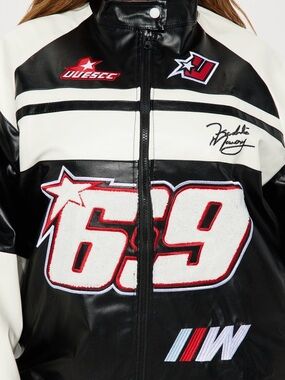 Fashion Nova Black and White Racing Bomber Jacket with Red Details